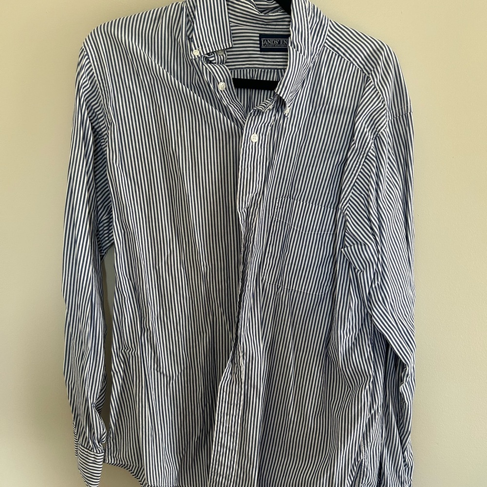 Lands’ End Men’s Striped Button Down Shirt | Size 16.5 / 35 | Navy + White